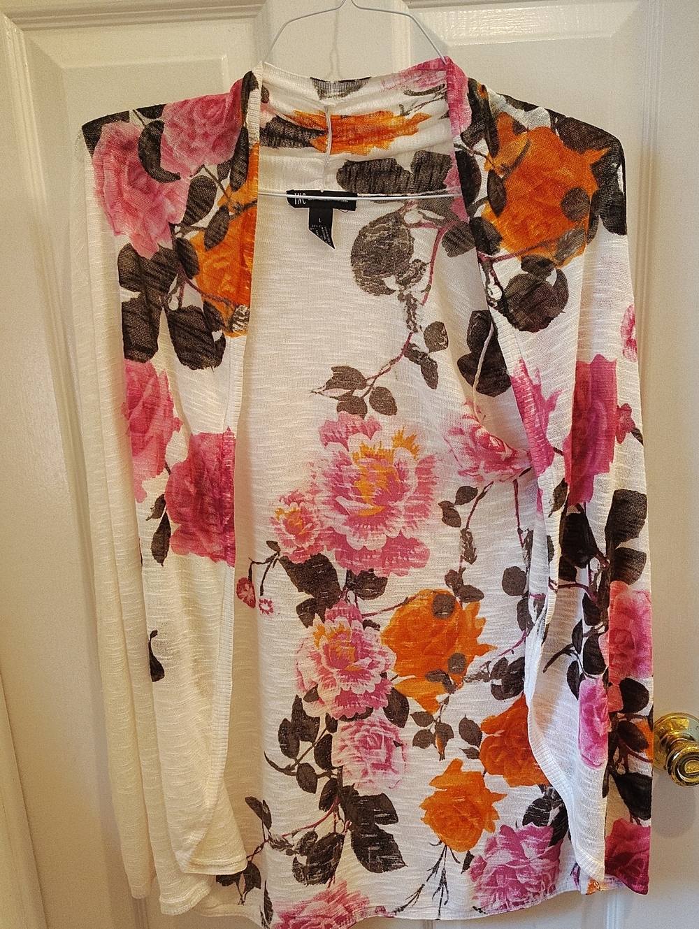 INC Open Front Long Sleeve Cardigan Large White With Pink And White Blooms